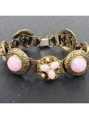 Gold Tone Link Bracelet Pink Beads Faux Pearls vintage mid century retro chunky